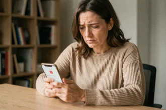 Femme frustrée regardant son smartphone affichant un compte Nickel bloqué