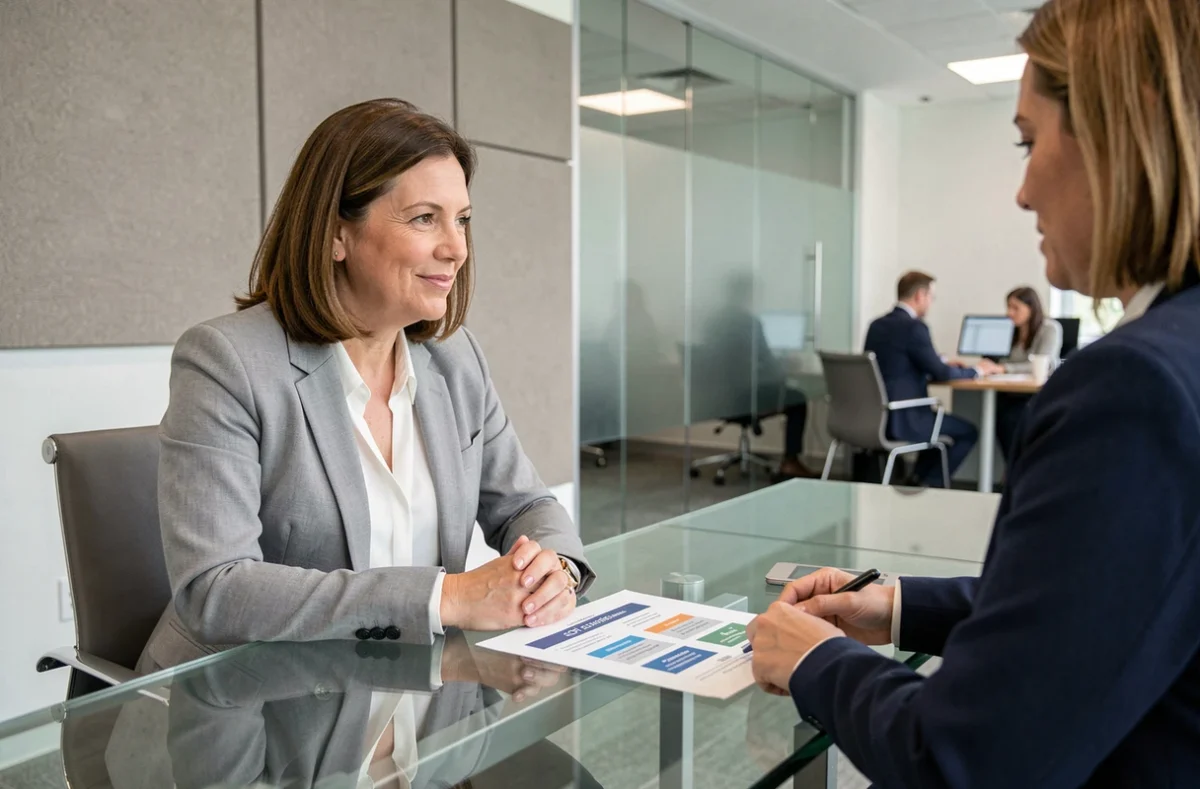 Femme en rendez-vous avec un conseiller financier pour discuter d'un investissement en SCPI