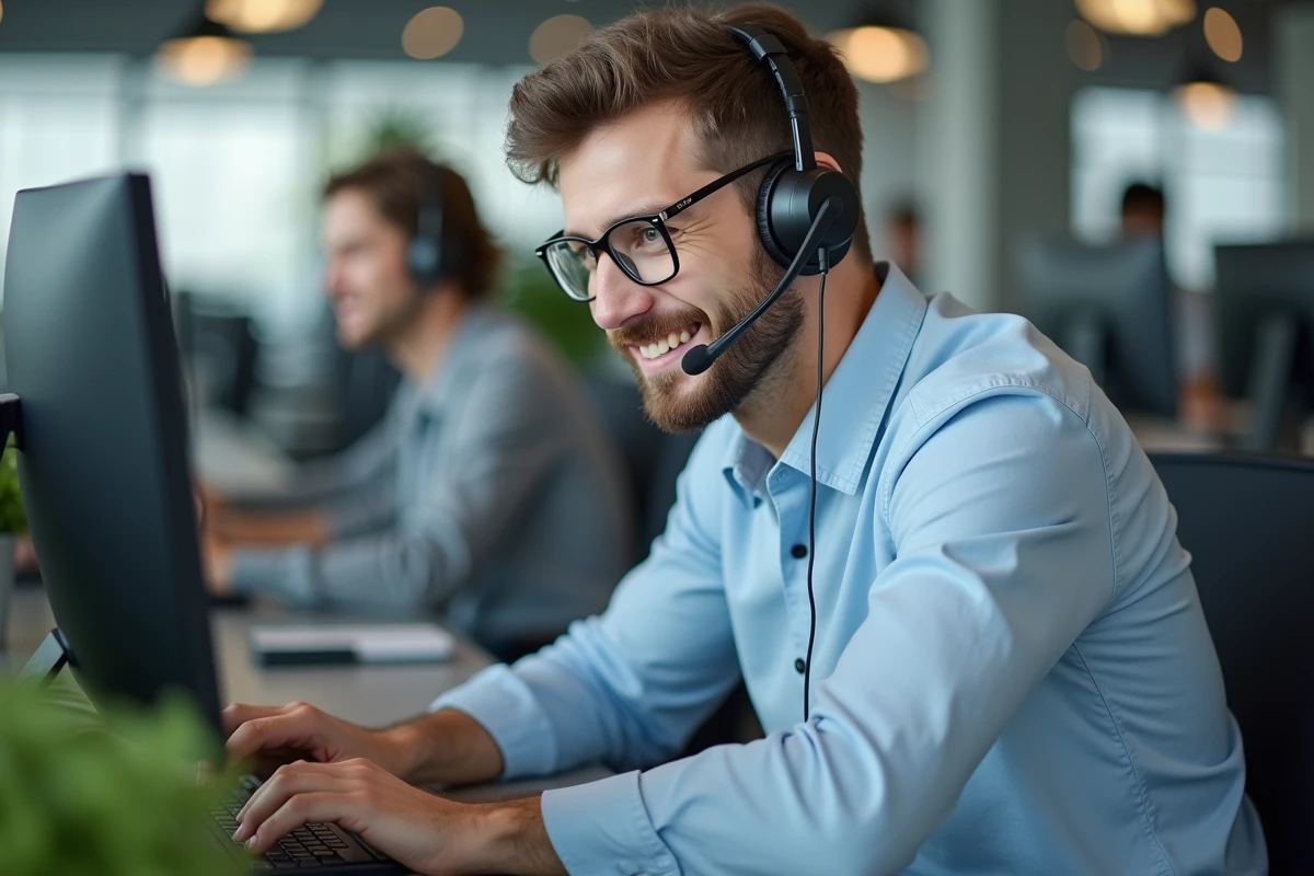 Conseiller Cofidis en centre d'appel avec casque téléphonique prêt à répondre aux clients