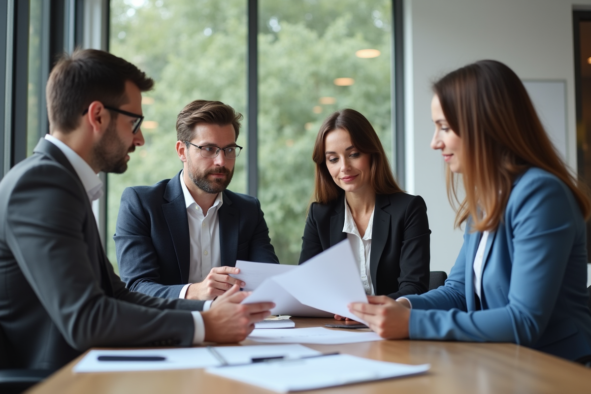 Conseiller financier discutant avec deux clients dans un bureau moderne