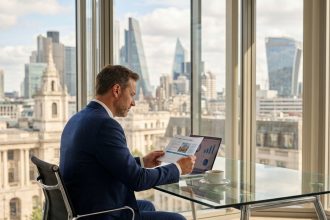 Conseiller financier analysant un portefeuille SCPI européenne dans un bureau moderne avec vue sur une métropole européenne