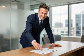 Conseiller financier expliquant un investissement en SCPI sans apport à un client dans un bureau professionnel