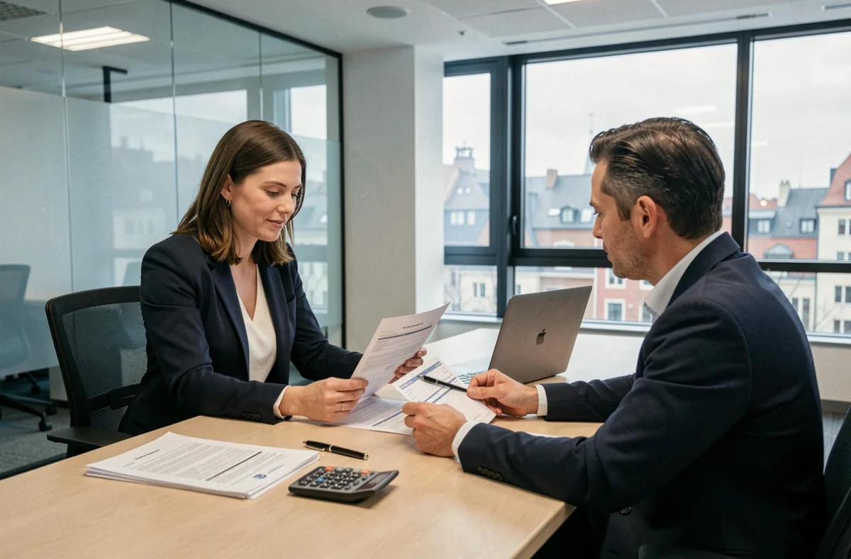 Femme consultant un conseiller fiscal à Luxembourg pour optimiser sa déclaration d'impôts avec des documents officiels