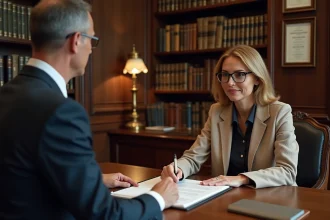 Conseiller notarial expliquant les clauses d'un compromis de vente à une cliente dans un bureau notarial traditionnel