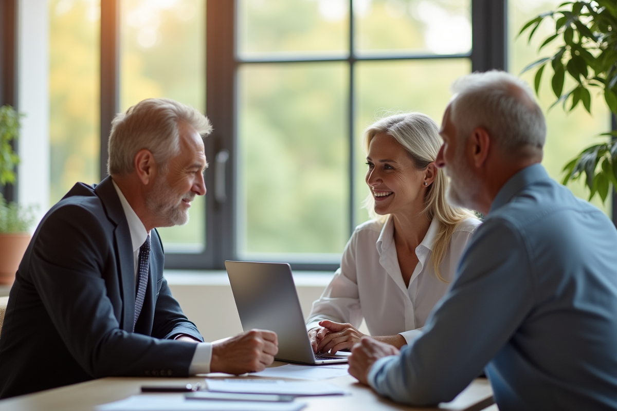 Conseiller retraite avec couple dans un bureau lumineux