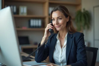 Conseillère Cofidis au téléphone dans un bureau moderne pour accompagner les clients