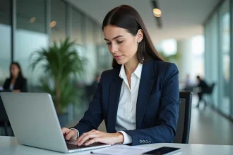 Conseillère bancaire professionnelle analysant des documents financiers dans une agence moderne d'OLINDA Banque en 2026