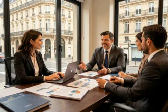 Conseiller en placement rencontrant des clients dans un bureau moderne à Bordeaux en Nouvelle-Aquitaine
