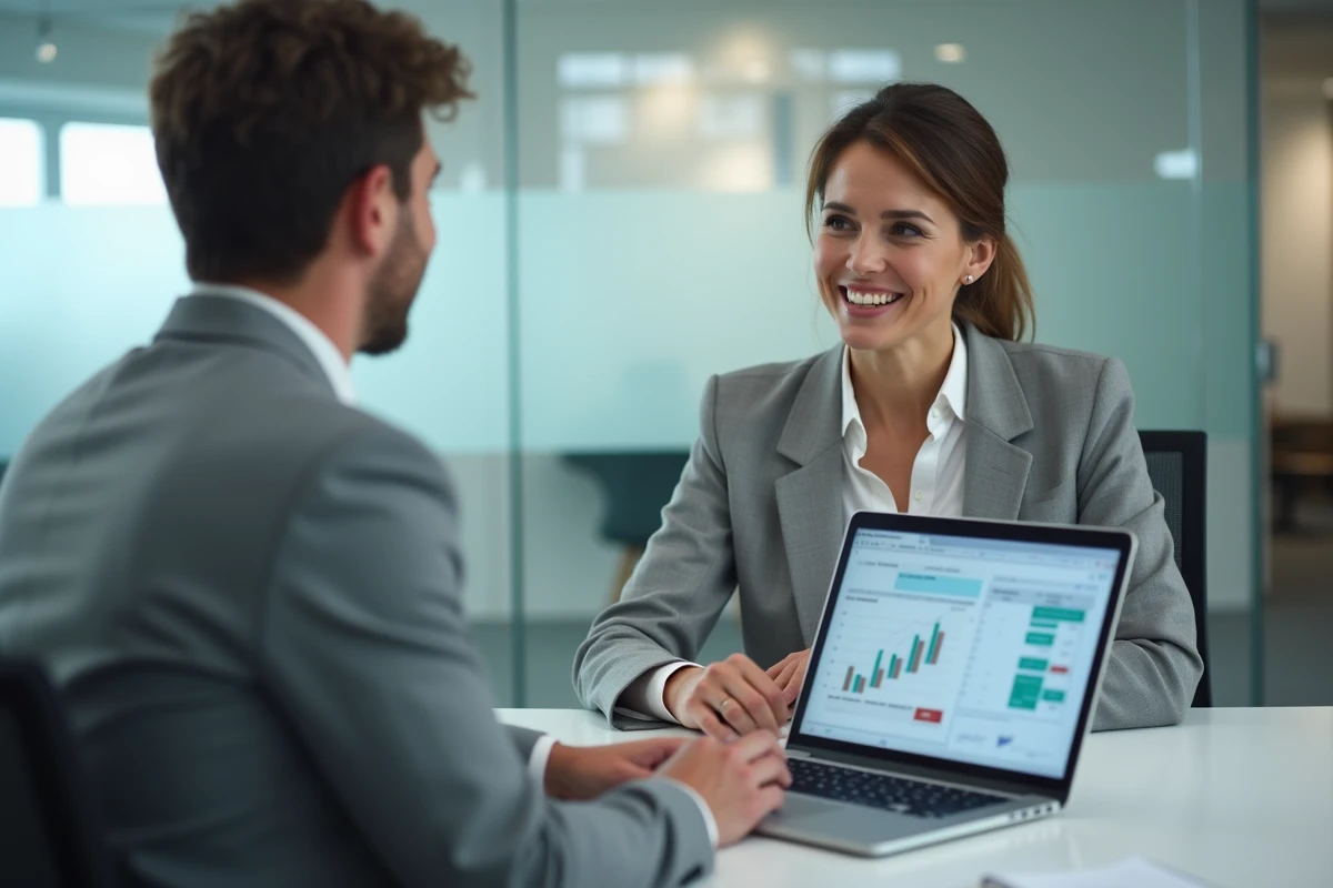 Femme en blazer gris consultant un conseiller financier sur les tranches d'imposition au barème progressif dans un bureau professionnel moderne