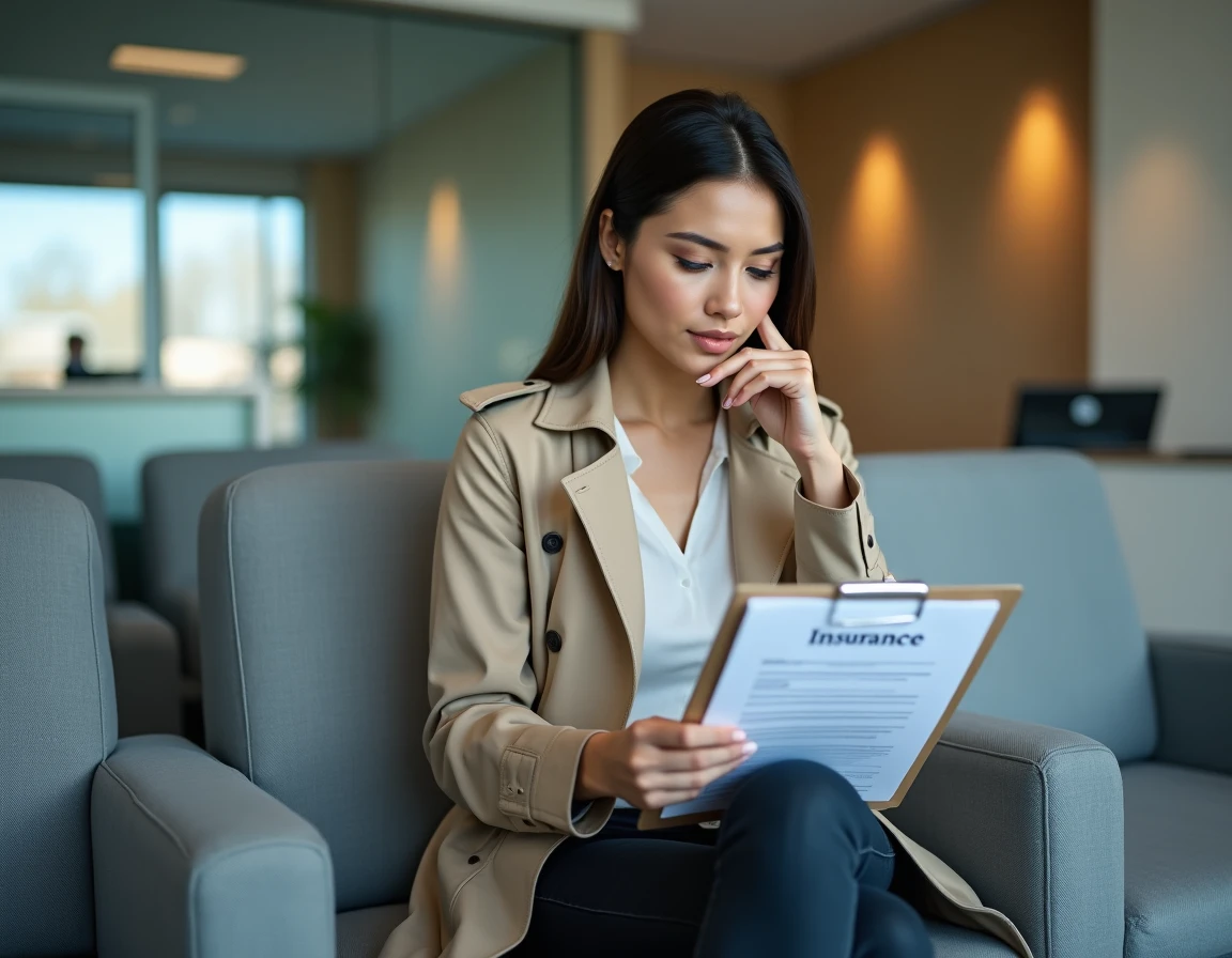 Femme consultant des documents d'assurance avant de soumettre une demande de résiliation de contrat