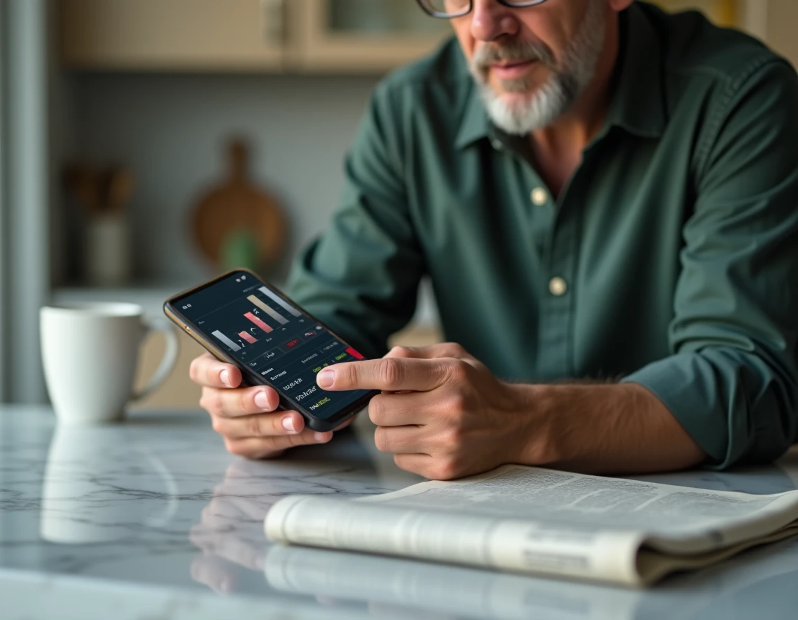Gros plan sur un homme consultant les taux de rendement de son assurance vie sur une application mobile
