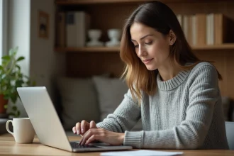 Femme consultant ses relevés bancaires en ligne sur un ordinateur portable depuis son bureau à domicile