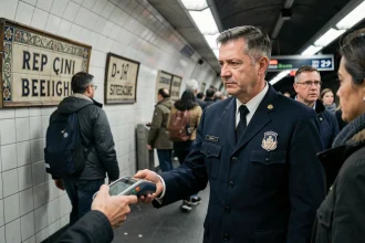 Contrôleur RATP remettant un terminal de paiement à un voyageur dans une station de métro parisienne