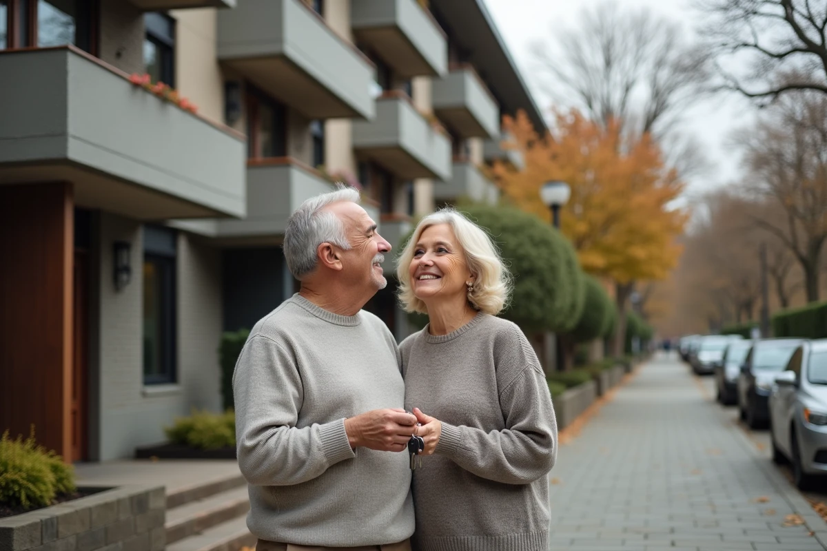 Couple devant leur nouvel appartement tenant les clés après un achat immobilier financé par un livret d'épargne