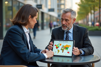 Couple d'affaires regardant une infographie sur un tablet
