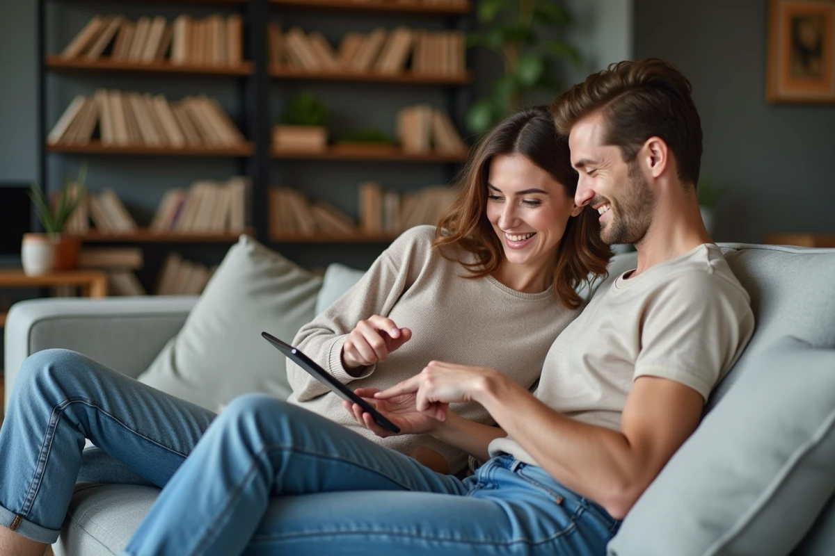 Couple consultant une application bancaire sur tablette pour gérer le plafond de leur livret LEL et maximiser leurs intérêts