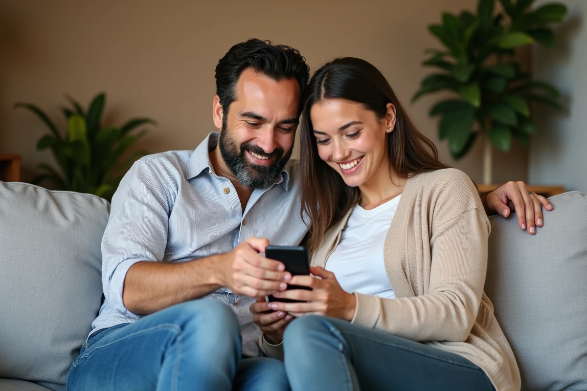 Couple consultant l'application LCL Mes Comptes ensemble sur canapé dans un salon moderne