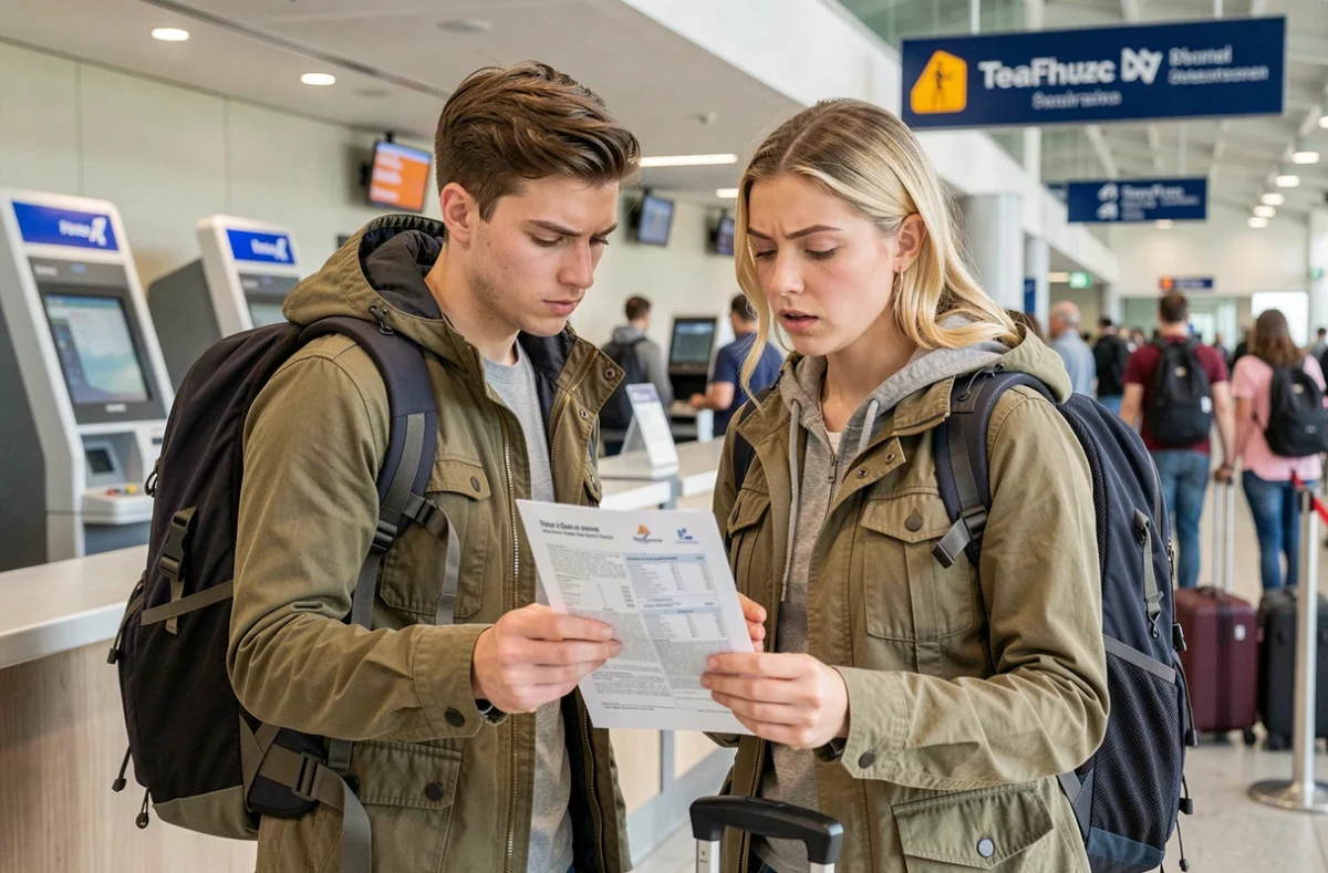 Couple de voyageurs vérifiant leur contrat d'assurance Volotea au comptoir d'enregistrement d'un aéroport