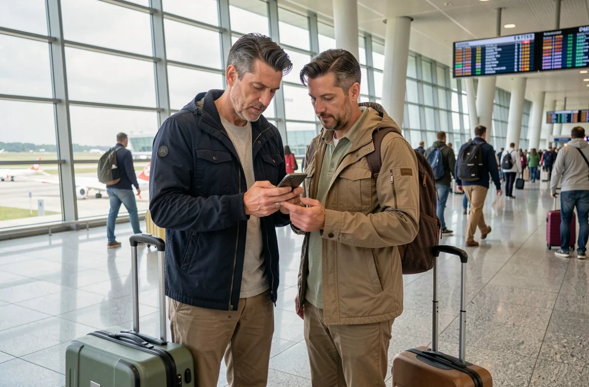 Couple consultant une application d'assurance voyage sur smartphone dans un terminal d'aéroport international avant un départ pour les USA