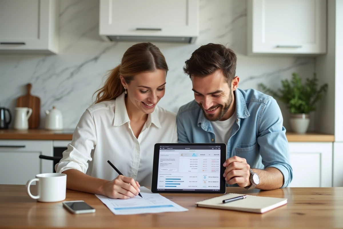Couple examinant ensemble leurs comptes bancaires sur une tablette pour éviter les mauvaises surprises financières
