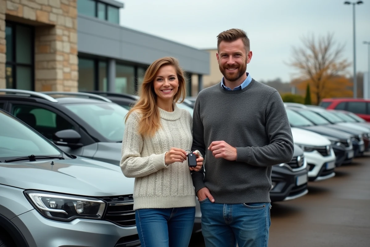 Un couple tenant les clés de leur nouveau véhicule financé par un crédit auto dans le Gers