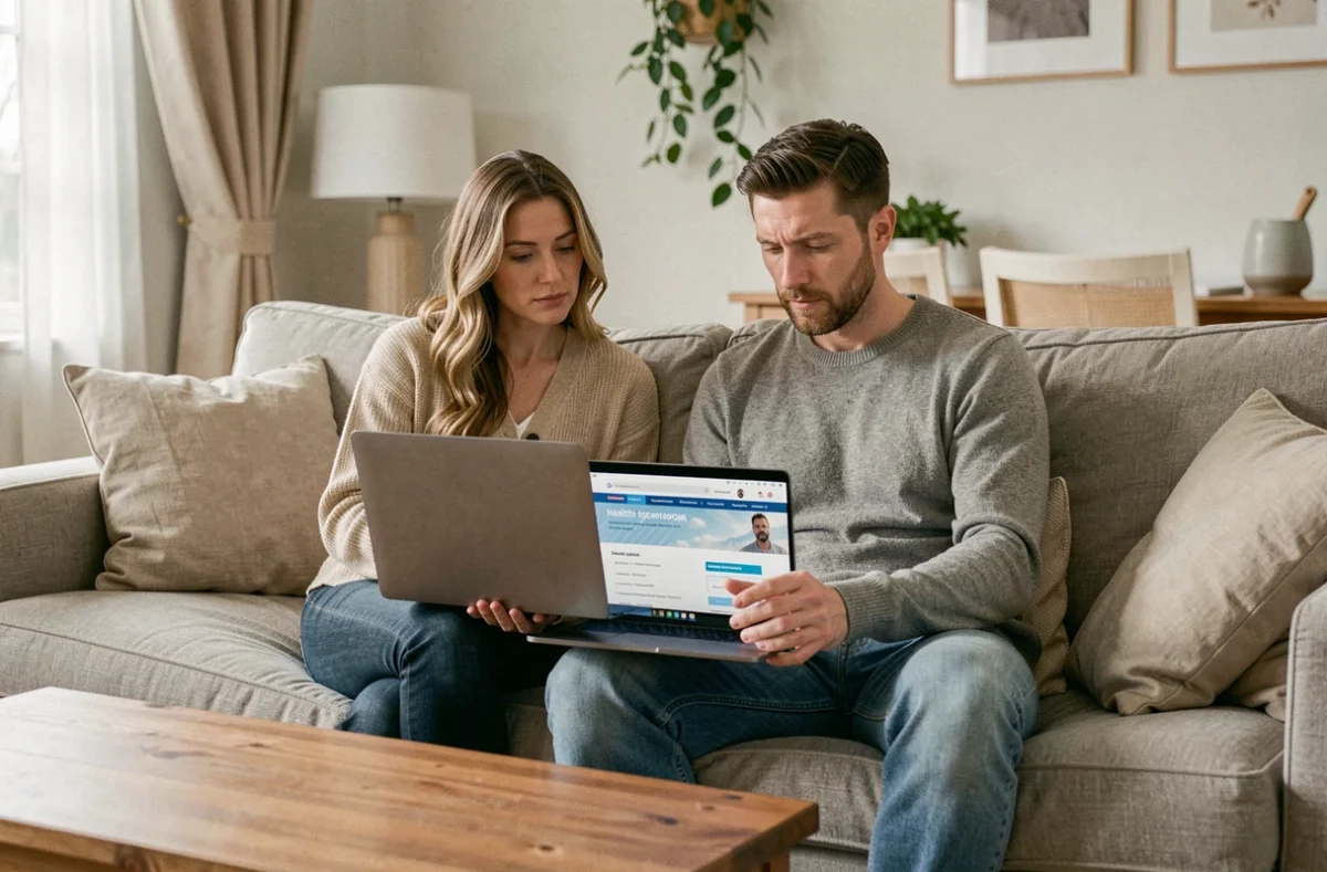 Couple comparant des offres de mutuelle santé sur un ordinateur portable dans leur salon