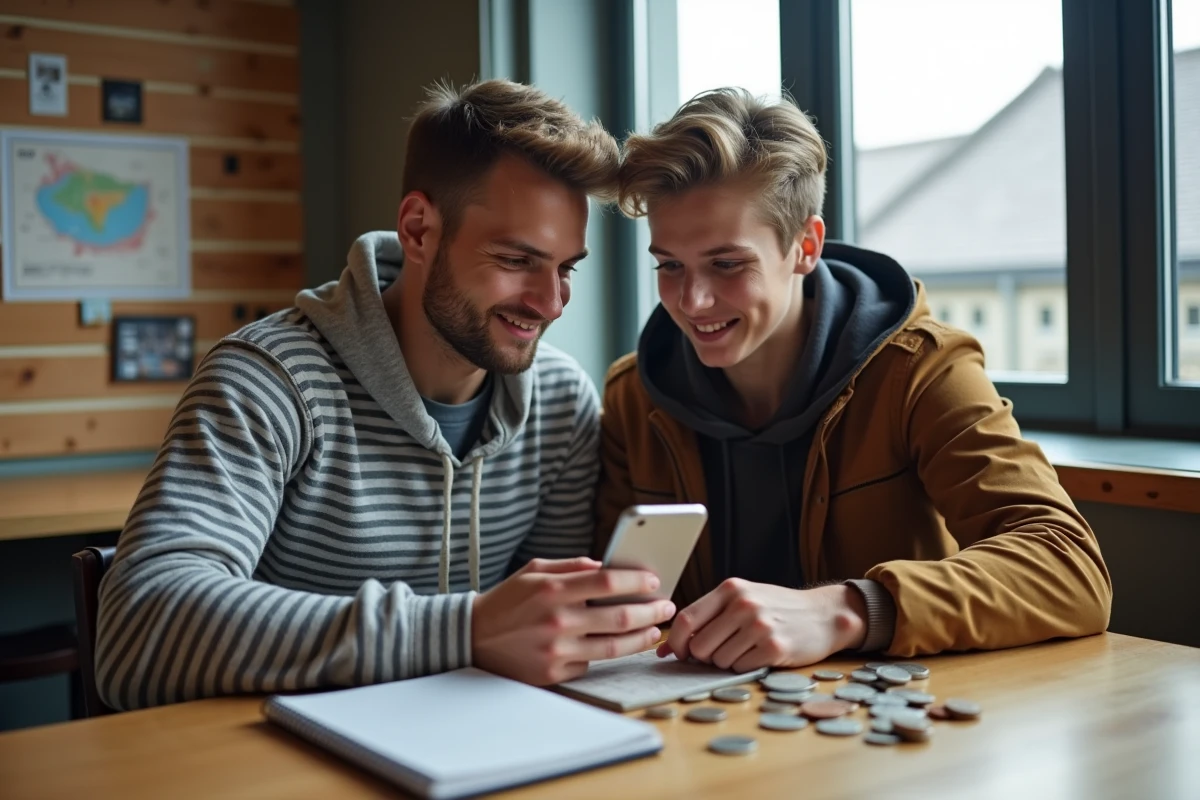 Couple de voyageurs comparant les taux de change sur smartphone et carnet de budget dans une auberge de jeunesse à Dublin