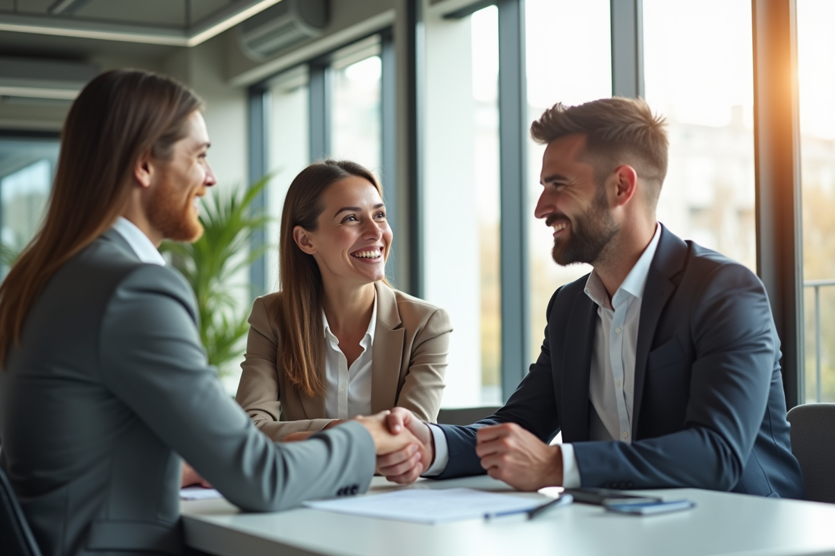 Couple souriant avec conseiller bancaire dans un bureau lumineux