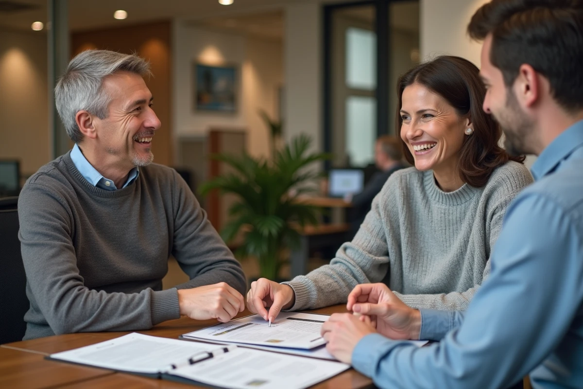 Couple discutant avec conseiller en assurance dans une banque
