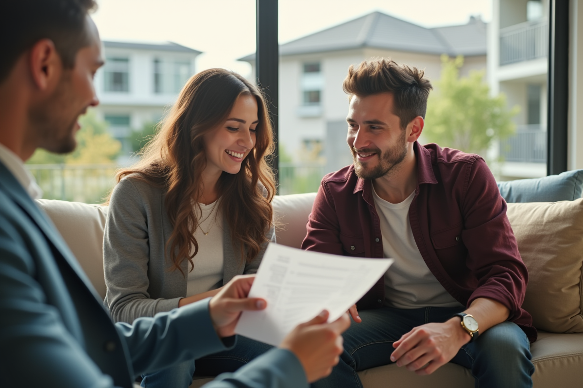 Jeune couple en conseil financier dans un salon lumineux