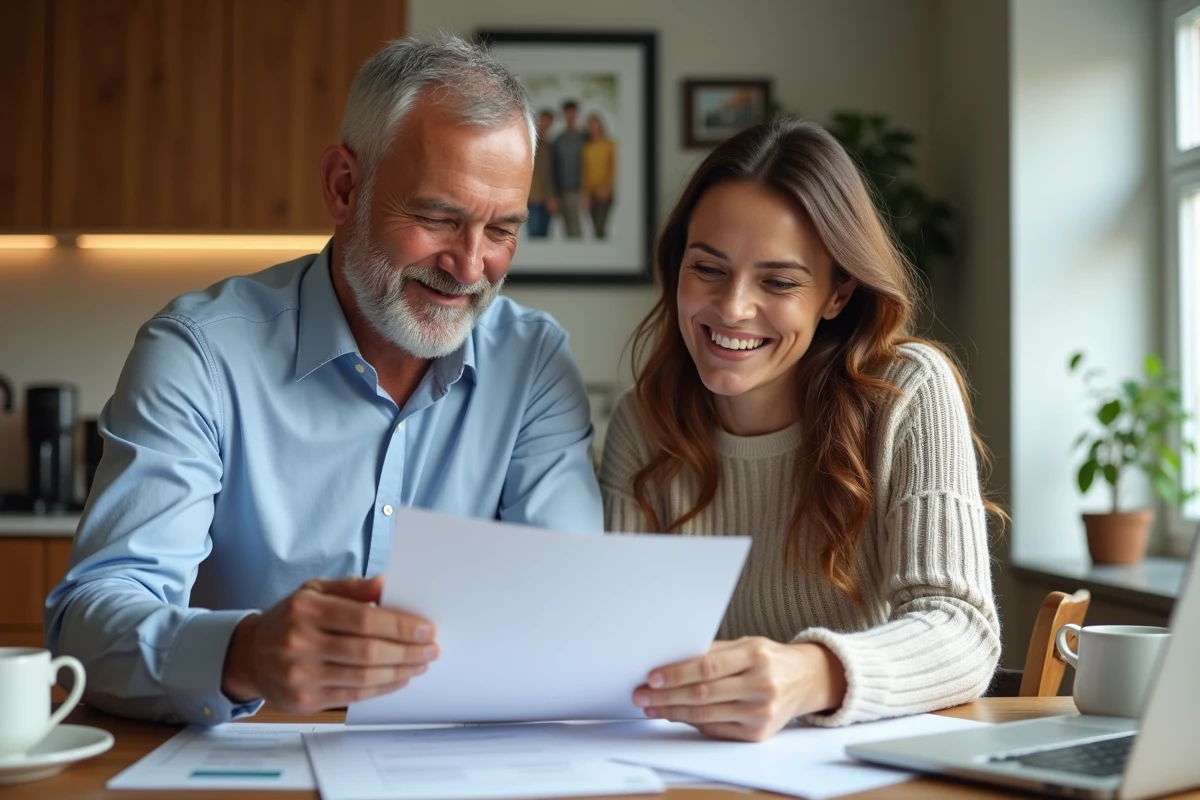 Couple souriant vérifiant une offre d
