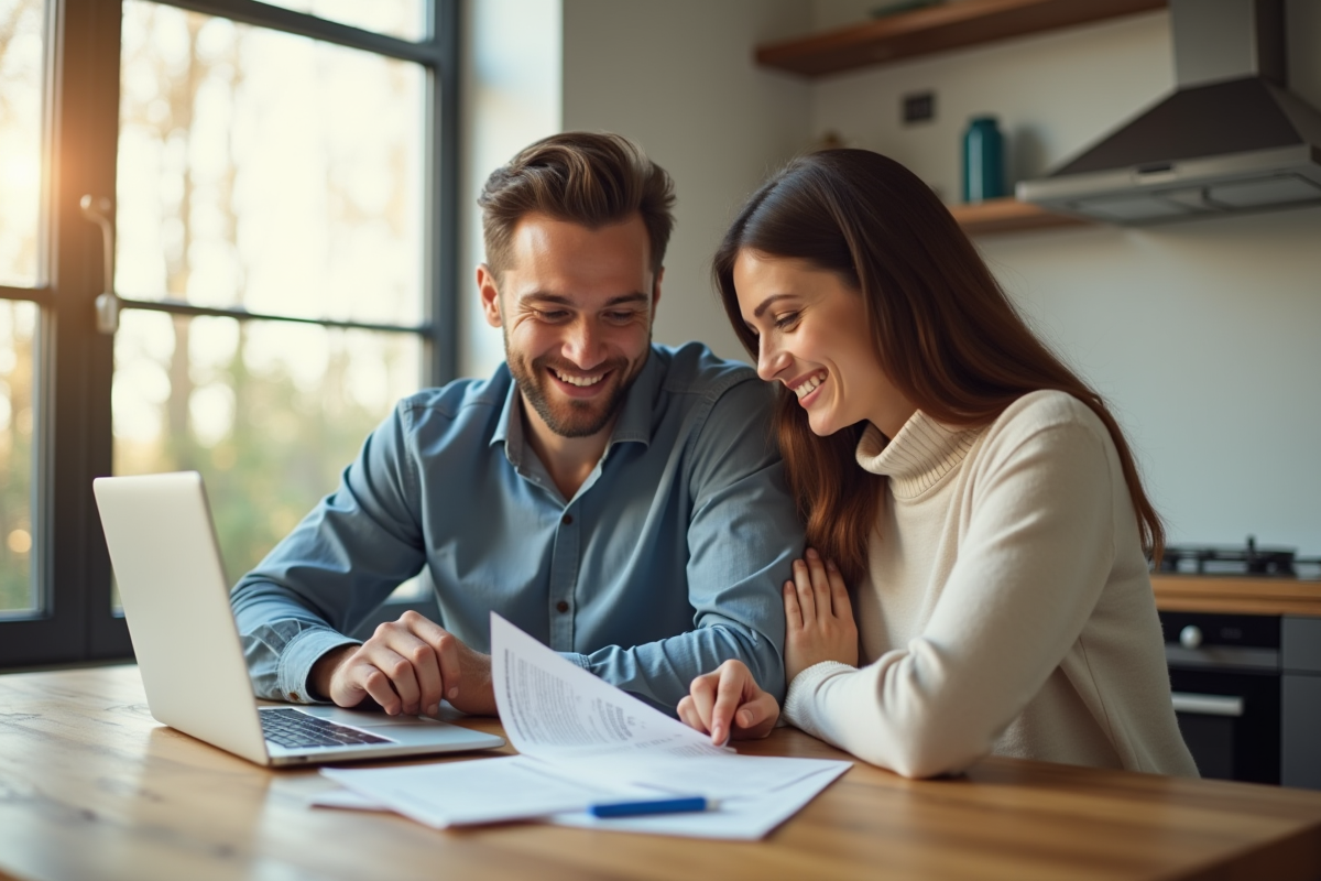 Couple souriant avec documents et ordinateur pour un crédit immobilier