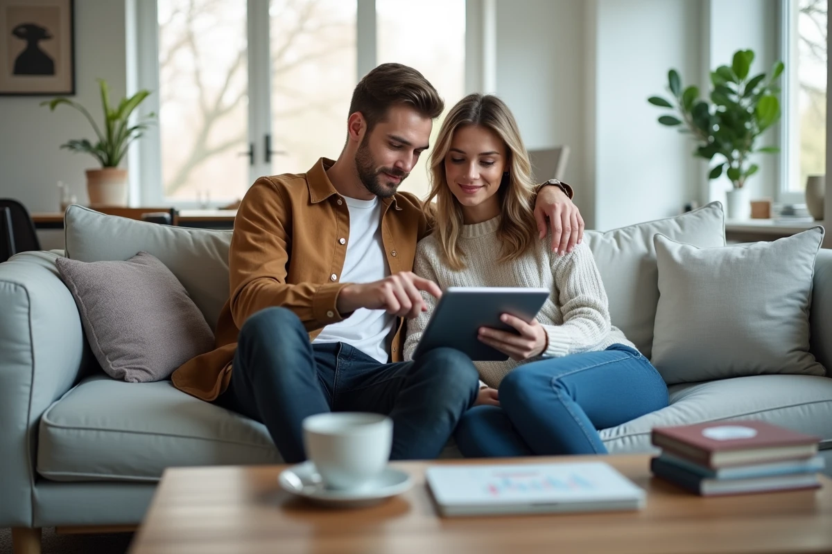 Couple de débutants étudiant ensemble un site de bourse et d'investissement sur tablette dans leur salon