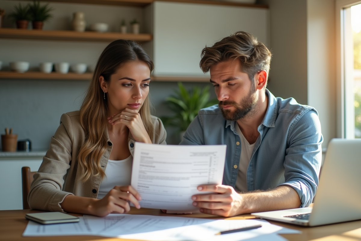Couple étudiant des documents financiers dans une cuisine lumineuse