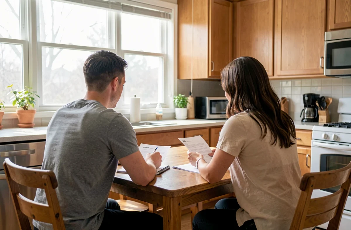 Couple étudiant un dossier de prêt immobilier à une table