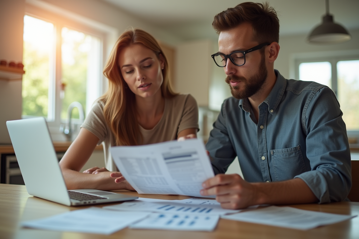 Jeune couple professionnel examinant des documents financiers