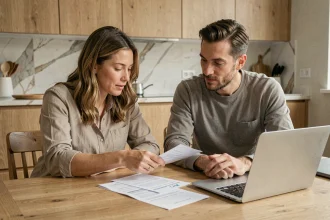 Couple en train de consulter des documents bancaires ensemble à la table de cuisine pour choisir entre procuration et compte joint