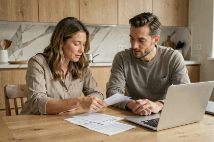 Couple en train de consulter des documents bancaires ensemble à la table de cuisine pour choisir entre procuration et compte joint