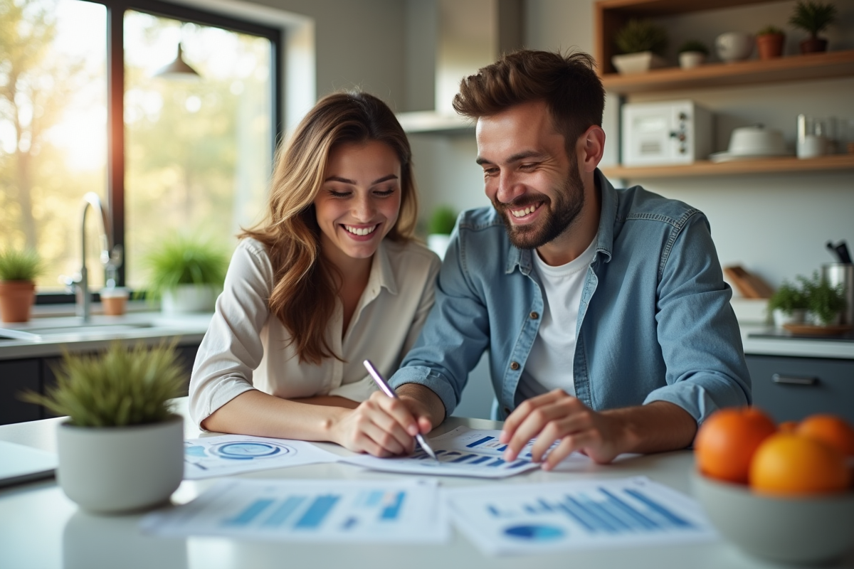 Jeune couple souriant examinant des documents d'investissement