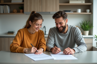 Jeune couple souriant examinant des documents de prêt immobilier