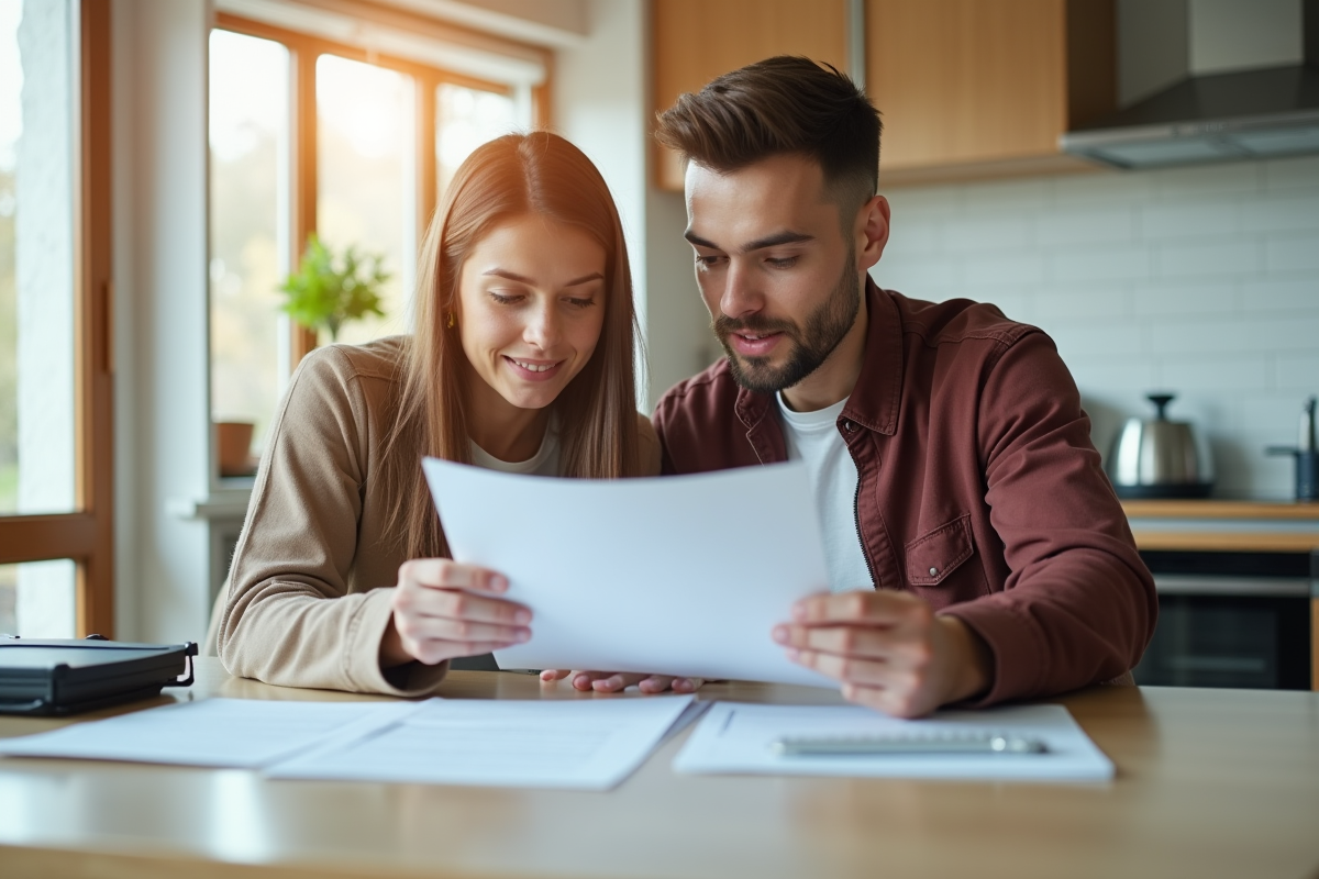Jeune couple lisant des documents de prêt immobilier à la maison