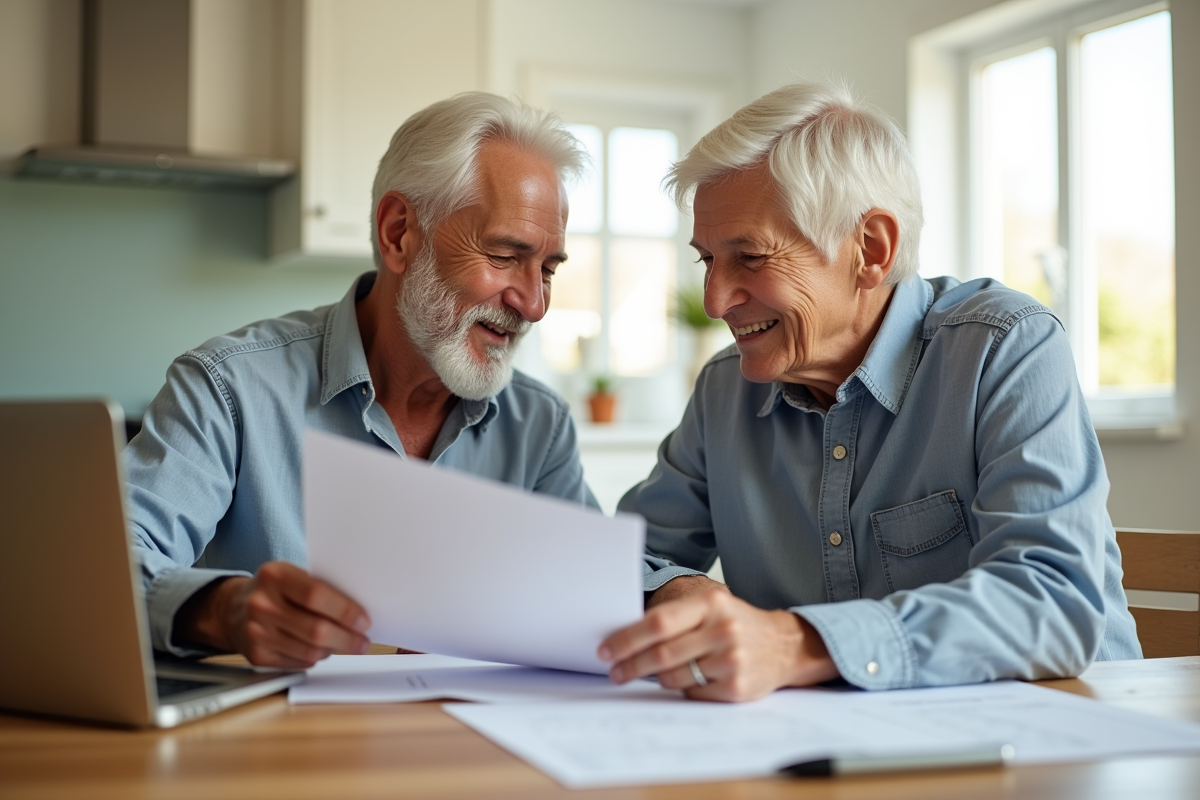 Couple senior heureux planifiant leur retraite à la cuisine