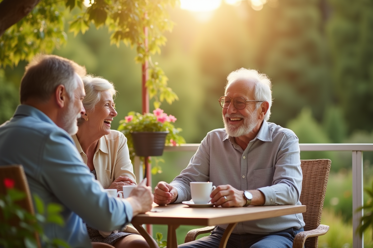 Couple senior souriant sur une terrasse ensoleillee