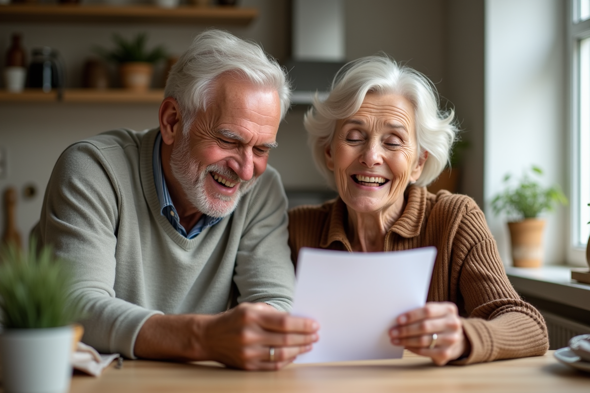 Couple senior heureux lisant une lettre dans la cuisine