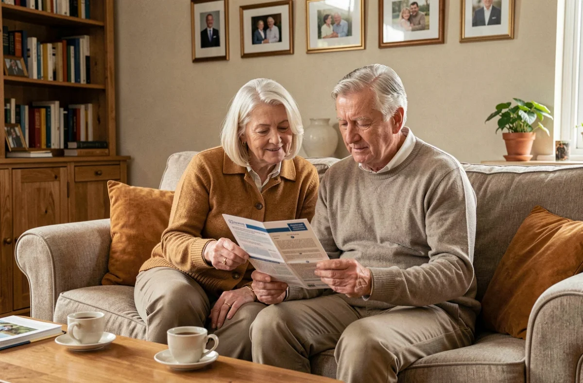 Couple de seniors comparant des mutuelles santé adaptées à leurs besoins dans leur salon