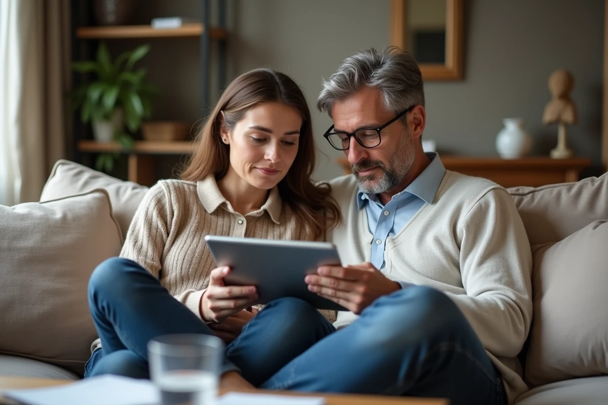 Couple consultant un simulateur de salaire sur une tablette dans leur salon, repr&eacute;sentant la r&eacute;flexion sur le niveau de vie et le salaire confortable en France