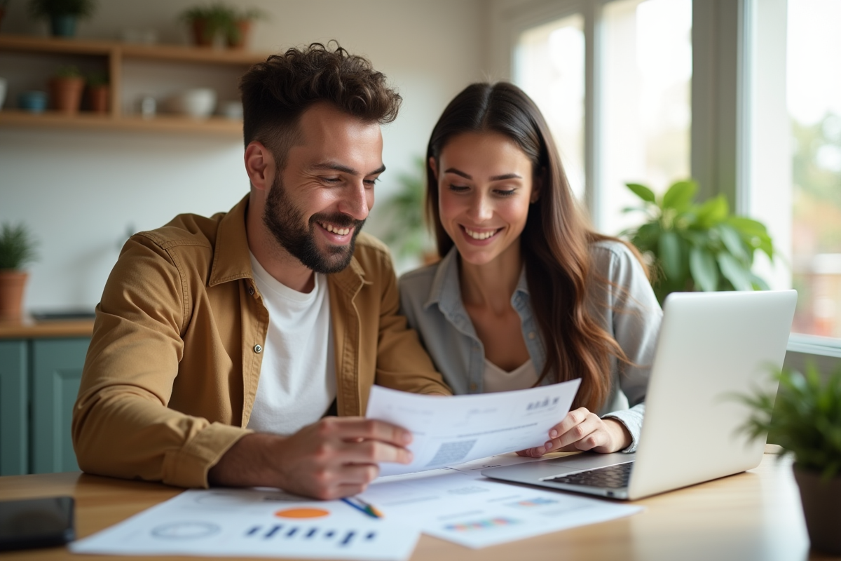 Jeune couple souriant avec documents financiers dans une cuisine lumineuse