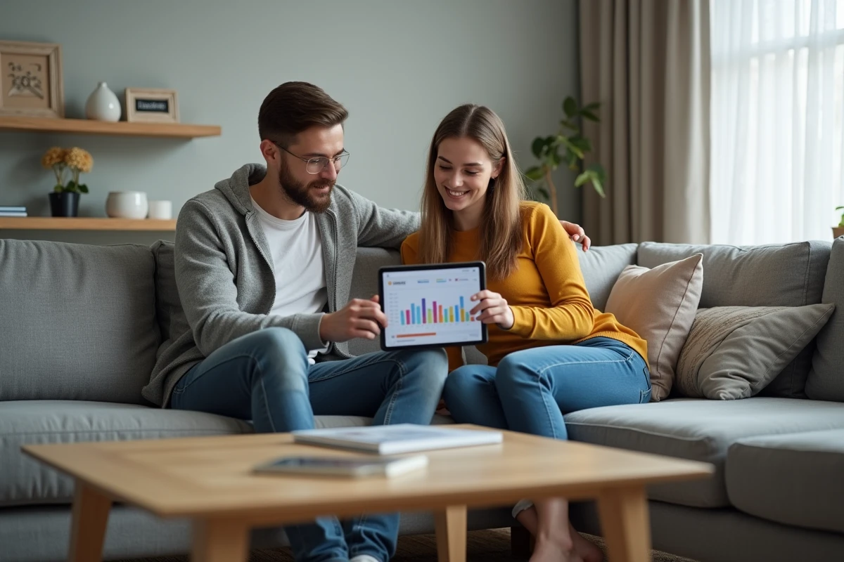 Couple utilisant une tablette pour consulter leur espace client et gérer ensemble leur budget familial