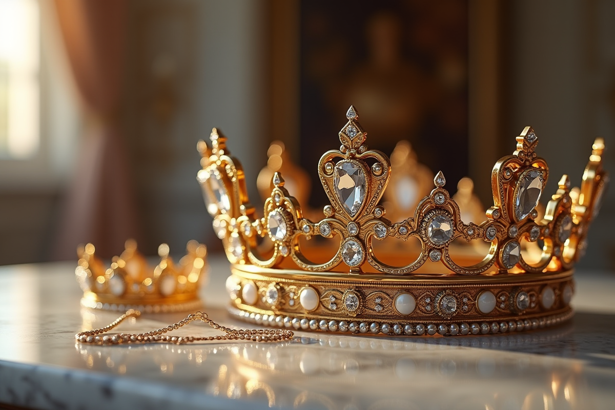 Couronne luxueuse et bijoux étincelants sur marbre
