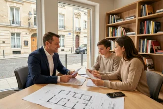 Un courtier en crédit immobilier conseille un couple dans une agence moderne en Mayenne